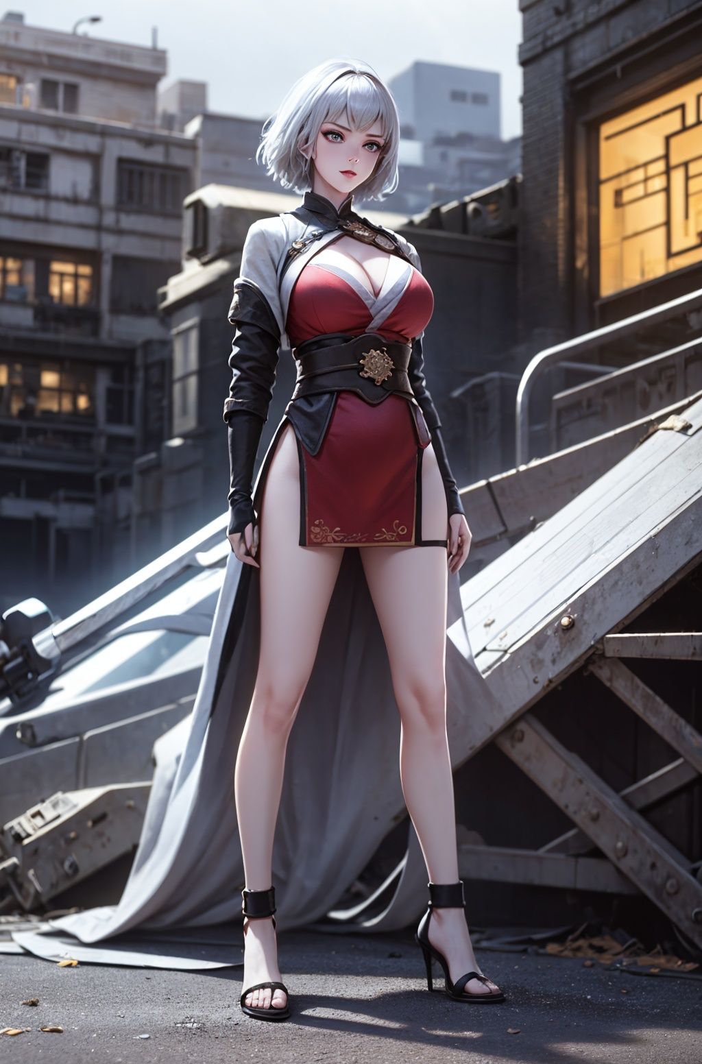 (8k, best quality, masterpiece:1.2), \(detailed eyes\), \(detailed facial features\), \(\(detailed clothes features\)\), (full body:1.2),(cleavage, large breasts:1.2), (face focus), extremely detailed CG unity 8k wallpaper, huge filesize, ultra-detailed, absurdres, beautiful eyes, ray tracing, dramatic shadows, fine detail, dramatic angle, dramatic, god rays, silk, sharp focus, volumetric fog, high quality, attractive eyes,Seductive smile,blonde hair, long hair,tall,long legs,(from blow:1.2),outdoors, (london:1.3),(cityscape:1.2),road,(building:1.2),(street:1.1),1girl, (white hair:1.2), (strong yellow birds printed china highleg dress),a woman in a red dress posing for a picture on a bridge with trees in the background and a building in the background, Du Qiong, sakimi chan, a picture, private press,(high heels),bangs, short hair,solo,<lora:SpiritCage_baiyuekui-000018:0.8>