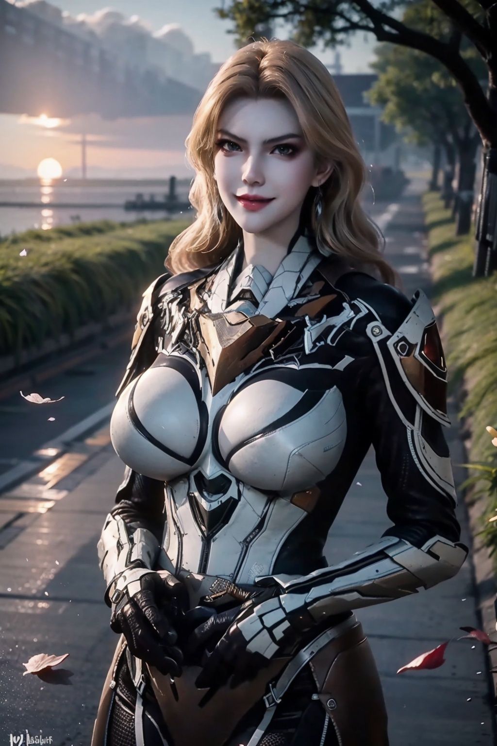 (8k, RAW photo, best quality, masterpiece:1.2), (realistic, photo-realistic:1.4), \(ulzzang-6500-v1.1\), \(detailed eyes\), \(detailed facial features\), \(\(detailed clothes features\)\), (upper body:1.2), (huge breasts:1.2), (face focus), extremely detailed CG unity 8k wallpaper, huge filesize, ultra-detailed, highres, absurdres, beautiful eyes, ray tracing, dramatic shadows, fine detail, dramatic angle, high saturation, lens flare, dramatic, god rays, silk, hyperrealistic, (photo background:1.2), (standing),cowboy shot, looking at viewer, (smile:1.1),(seductive smile:1.3), perfect hands,perfect body,wide hips, narrow waist, red lips, makeup, sharp focus, volumetric fog, 8k UHD, DSLR, high quality, (film grain:1.4), Fujifilm XT3,Seductive smile, (very long hair:1.2), 1girl,  <lora:DevouringTheStars_Venina-000010:0.8>, (detailed light) , feather, leaves, nature, (sunlight), river, (forest),(bloom), beautiful and delicate water, the finest grass, very delicate light, nature, painting, water spray, breeze, flowers and grass meadow, near the water edge, (sunset, starry sky in a circle), randomly distributed clouds, river, splashing water, falling petals