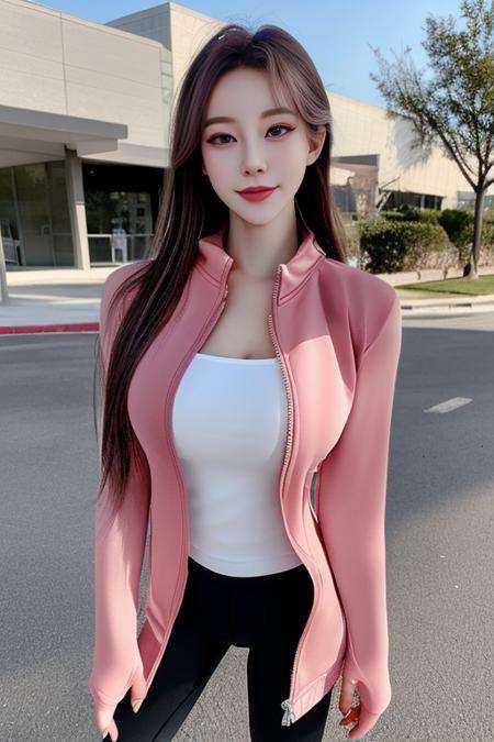 (8k, RAW photo, best quality, masterpiece:1.2), (realistic, photo-realistic:1.37),\(ulzzang-6500-v1.1\),\(detailed eyes\), \(detailed facial features\), \(\(detailed clothes features\)\), (full body:1.3),(large breasts),(face focus),extremely detailed CG unity 8k wallpaper, huge filesize, ultra-detailed, highres, absurdres,beautiful eyes,ray tracing, dramatic shadows,fine detail,dramatic angle,high saturation,lens flare,(standing),soft light,Detailed skin texture, detailed clothing texture,looking at viewer, 1girl, solo,light blush,(smile face,happy),solo,  <lora:yundong-000014:1> long_tracksuit,yoga pants <lora:koreandolllikenessV20_v20:0.5> <lora:taiwanDollLikeness_v10:0.3>,closed jacket, 