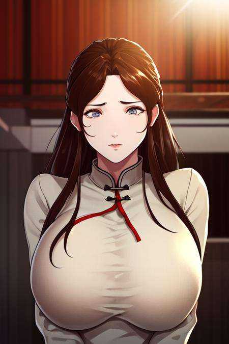 (8k, best quality, masterpiece:1.2),\(detailed eyes\), \(detailed facial features\), \(\(detailed clothes features\)\), upper body,(huge breasts),(face focus),extremely detailed CG unity 8k wallpaper, huge filesize, ultra-detailed, highres, absurdres,beautiful eyes,ray tracing, dramatic shadows,fine detail,dramatic angle,high saturation,lens flare,(standing),soft light,Detailed skin texture, detailed clothing texture,looking at viewer,1girl, mature female,  <lora:hanman_yuemu-000010:0.75>,red china dress,