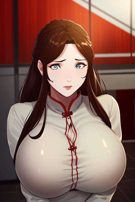 (8k, best quality, masterpiece:1.2),\(detailed eyes\), \(detailed facial features\), \(\(detailed clothes features\)\), upper body,(huge breasts),(face focus),extremely detailed CG unity 8k wallpaper, huge filesize, ultra-detailed, highres, absurdres,beautiful eyes,ray tracing, dramatic shadows,fine detail,dramatic angle,high saturation,lens flare,(standing),soft light,Detailed skin texture, detailed clothing texture,looking at viewer,1girl, mature female,  <lora:hanman_yuemu-000010:0.8>,red china dress,
