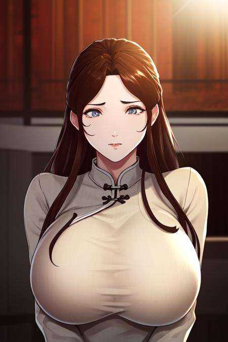 (8k, best quality, masterpiece:1.2),\(detailed eyes\), \(detailed facial features\), \(\(detailed clothes features\)\), upper body,(huge breasts),(face focus),extremely detailed CG unity 8k wallpaper, huge filesize, ultra-detailed, highres, absurdres,beautiful eyes,ray tracing, dramatic shadows,fine detail,dramatic angle,high saturation,lens flare,(standing),soft light,Detailed skin texture, detailed clothing texture,looking at viewer,1girl, mature female,  <lora:hanman_yuemu-000010:0.7>,red china dress,