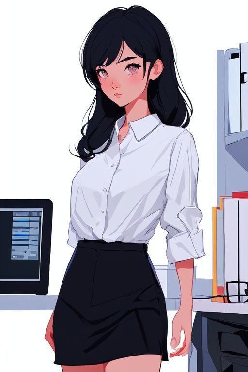 <lora:Flatillustration_2023-05-26_163819-000005:0.4>,masterpiece,best quality,[(white background:1.2)::0.9],simple background,1girl,office room,flatillustration,illustration,looking at viewer