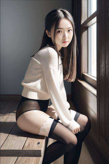 masterpiece, best quality, professional lighting, detailed lighting, photon mapping, radiosity, physically-based rendering, depth of field, natural lighting, hard focus, detailed shadow,film grain, 1 girl , chinese-girl-v1.0, sitting, full body,  black thighhighs,  black legwear,   <lora:chinese-girl:0.7>