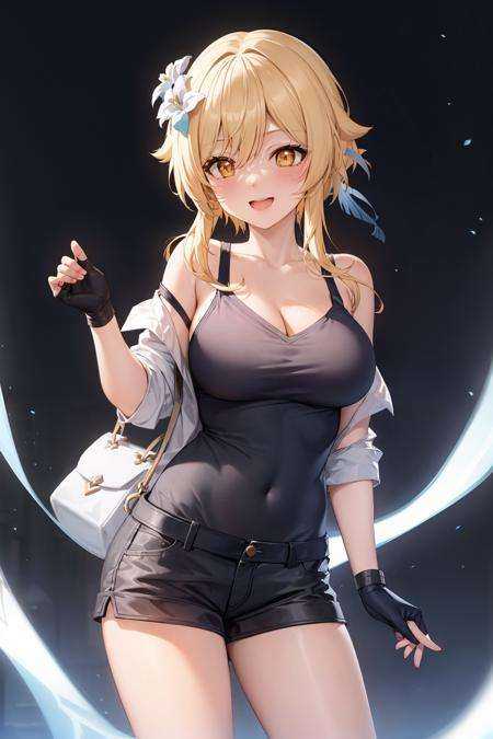 masterpiece, best quality, <lora:lumine:1>,1girl, breasts, lumine (genshin impact), hair flower, flower, hair ornament, blonde hair, solo, large breasts, looking at viewer, shirt, cleavage, yellow eyes, gloves, shorts, smile, white shirt, blush, bangs, open mouth, black gloves, white flower, black shorts, collarbone, off shoulder, hair between eyes, :d, jacket, bag, short shorts, black jacket, sidelocks, cowboy shot, short hair with long locks, single bare shoulder, long hair, medium hair, alternate costume, open clothes, short sleeves, hand up, open jacket, standing, half gloves, bare shoulders
