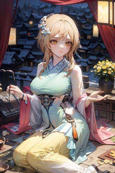 masterpiece, best quality, <lora:lumine:1>,1girl, , large breasts, blonde hair, hair flower,hair ornament, yellow eyes,chinese clothes, hanfu