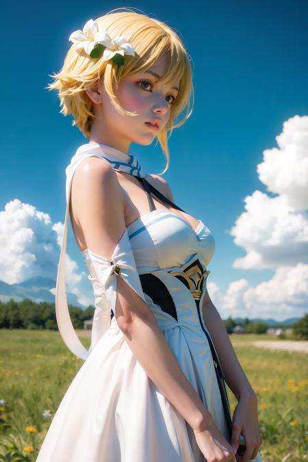 masterpiece, best quality,<lora:lumine:1>,1girl, lumine (genshin impact), solo, sky, blonde hair, hair flower, flower, cloud, dress, hair ornament, white dress, blue sky, breasts, detached sleeves, scarf, outdoors, bare shoulders, white scarf, day, short hair with long locks, from side, short hair, cloudy sky, bangs, white flower, medium breasts, upper body, sidelocks, white sleeves, sleeveless,kbxll