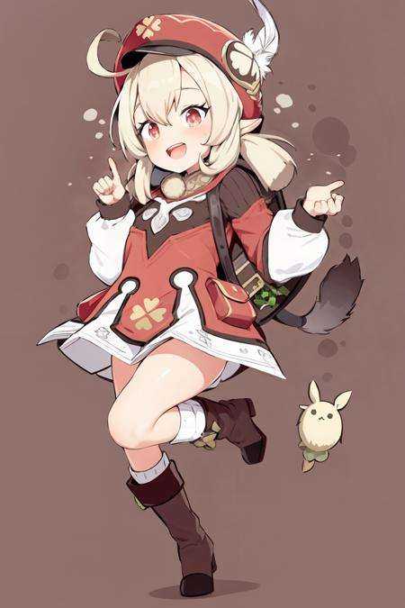masterpiece, best quality, <lora:klee:1>, <lora:style04:1>，1girl, klee (genshin impact), hat, solo, boots, brown footwear, gloves, bag, smile, red headwear, backpack, white feathers, long sleeves, long hair, socks, twintails, bangs, ahoge, brown gloves, feathers, dress, open mouth, pointy ears, cabbie hat, looking at viewer, :d, hat feather, white background, low twintails, red dress, red eyes, hair between eyes, upper teeth only, blonde hair, full body, dodoco (genshin impact), blush, teeth, kneehighs, white socks, knee boots, standing, ribbed legwear, standing on one leg, charm (object), star (symbol), clover, bag charm, simple background, four-leaf clover, holding strap, hands up, light brown hair, sidelocks