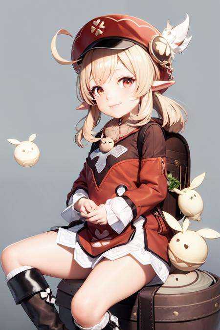 masterpiece, best quality,  <lora:klee:1>,1girl,smile,red hat,pointy ears,backpack,ahoge,dress,long sleeves,ribbed legwear,knee boots,dodoco \(genshin impact\), jumpy dumpty,charm \(object\), grey background,
