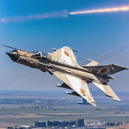 analog gloomy aerial photo of a Mig-21,  city ruins,  High Detail on Tensor.Art