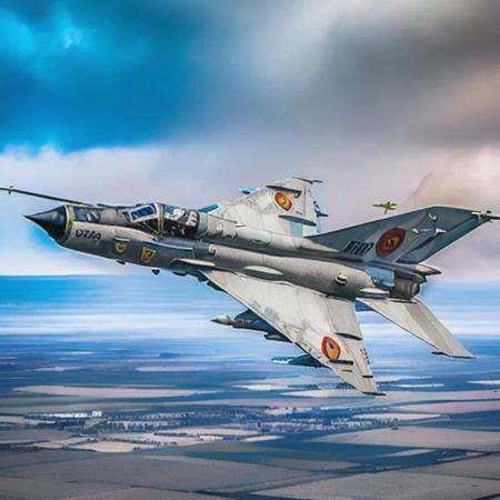 analog gloomy aerial photo of a Mig-21,  city ruins,  High Detail on Tensor.Art