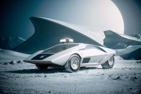 analog gloomy photo of a silver Lancia Stratos Zero car,  ,  racing down an alien icey landscape on Tensor.Art
