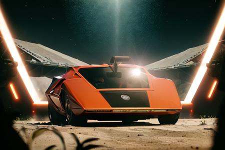 analog gloomy photo of a silver Lancia Stratos Zero car,  ,  racing down the moon surface on Tensor.Art