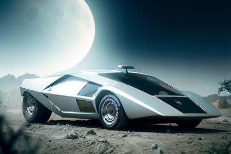 analog gloomy photo of a silver Lancia Stratos Zero car,  ,  racing down a race track on the moon on Tensor.Art