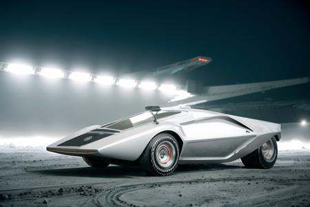 analog gloomy photo of a silver Lancia Stratos Zero car,  ,  racing down an alien icey landscape on Tensor.Art