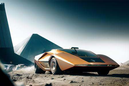 analog gloomy photo of a silver Lancia Stratos Zero car,  ,  racing down a race track on the moon on Tensor.Art