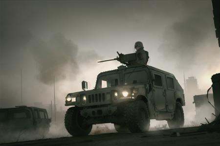 analog gloomy photo of a HUMVEE car,  ,  driving through a decayed city (at night) on Tensor.Art
