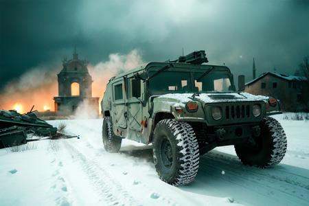 analog gloomy photo of a HUMVEE car,  ,  driving through a decayed city (at night) on Tensor.Art