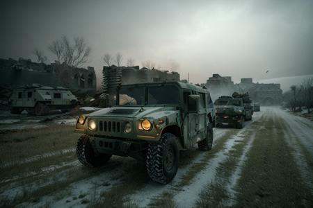 analog gloomy photo of a HUMVEE car,  ,  driving through a decayed city (at night) on Tensor.Art