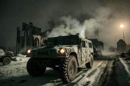 analog gloomy photo of a HUMVEE car,  ,  driving through a decayed city (at night) on Tensor.Art