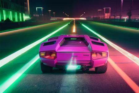 analog gloomy photo of an iridescent yellow Lamborghini Countach car,  ,  (in a race to save humanity ((at night))) on Ten...