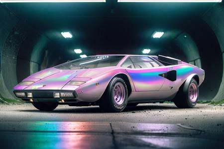 analog gloomy photo of an iridescent silver Lamborghini Countach car,  ,  (in a race to save humanity ((at night))) on Ten...