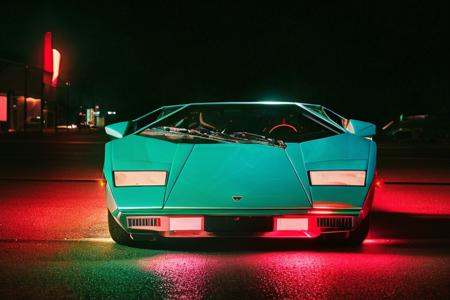 analog gloomy photo of an iridescent silver Lamborghini Countach car,  ,  (in a race to save humanity ((at night))) on Ten...