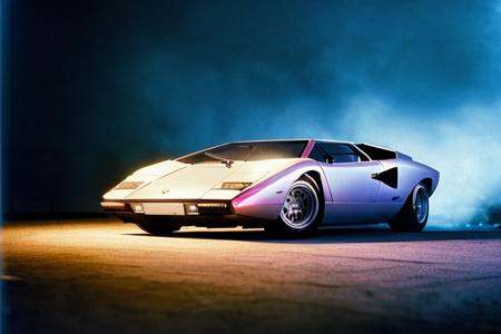 analog gloomy photo of an iridescent silver Lamborghini Countach car,  ,  (in a race to save humanity ((at night))) on Ten...