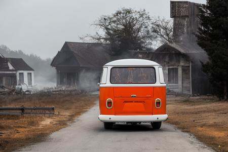 analog gloomy photo of an (orange) volkswagen kombi,  ,  ) on Tensor.Art
