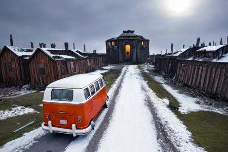 analog gloomy photo of an orange volkswagen kombi,  ,  ) on Tensor.Art