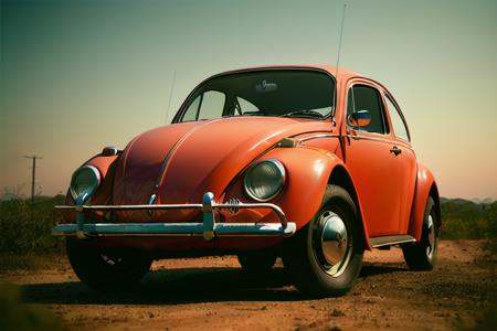 analog gloomy photo of a (dark red) Volkswagen Beetle car,  ,  ((three quarter view)) on Tensor.Art