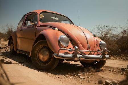 analog gloomy photo of a red Volkswagen Beetle car,  ,  ((three quarter view)) on Tensor.Art