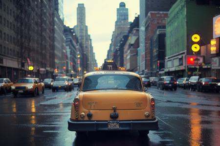 analog gloomy photo of a taxi,  ,  rear view on Tensor.Art