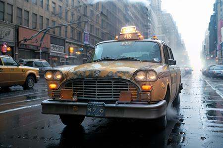 analog gloomy photo of a (taxi,  ),  (three quarter view) on Tensor.Art