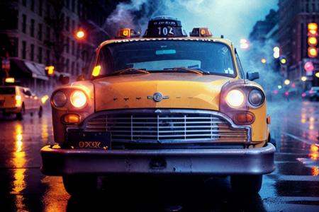 analog gloomy photo of a (taxi,  ),  (side view) on Tensor.Art