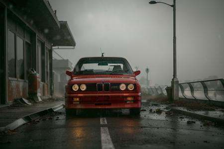 analog gloomy photo of a (red BMW E30 car,  ),  ((speeding in an abandoned city at midnight)) on Tensor.Art