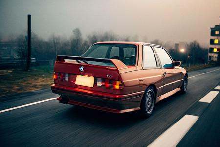 analog gloomy photo of a (red BMW E30 car,  ),  ((speeding in an abandoned city (at midnight))) on Tensor.Art