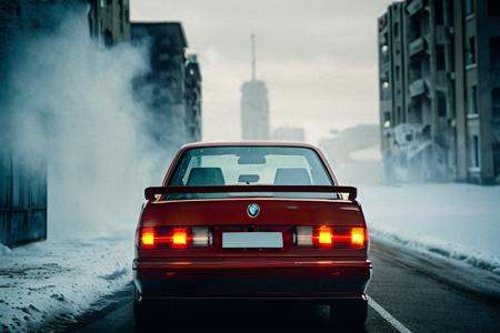 analog gloomy (close up shot) photo of a (red BMW E30 car,  ),  rear view on Tensor.Art