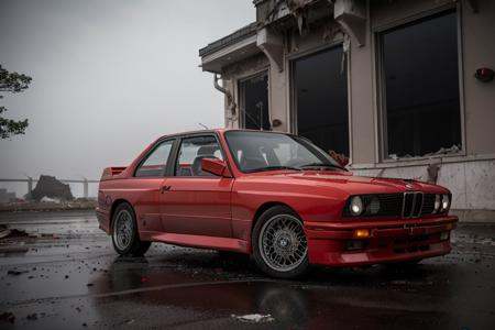 analog gloomy photo of a red BMW E30 car,  ,  ((speeding in an abandoned city at midnight)) on Tensor.Art