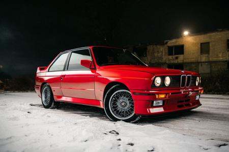 analog gloomy photo of a (red BMW E30 car,  ),  side view on Tensor.Art
