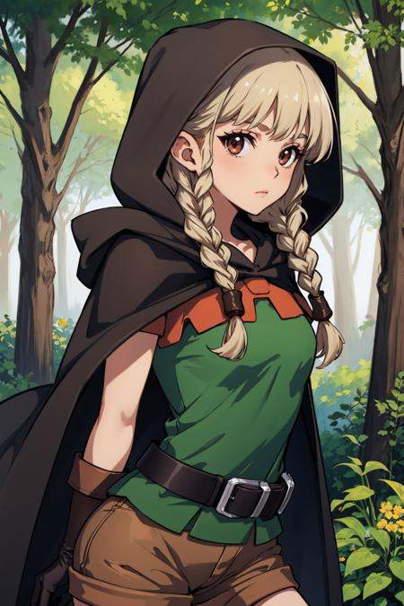 masterpiece, best quality, dcElf, twin braids, hood, brown cloak, green tunic, gloves, belt, brown shorts, upper body, looking at viewer, forest, emotionless <lora:dcelf-nvwls-v1-000010:0.9>