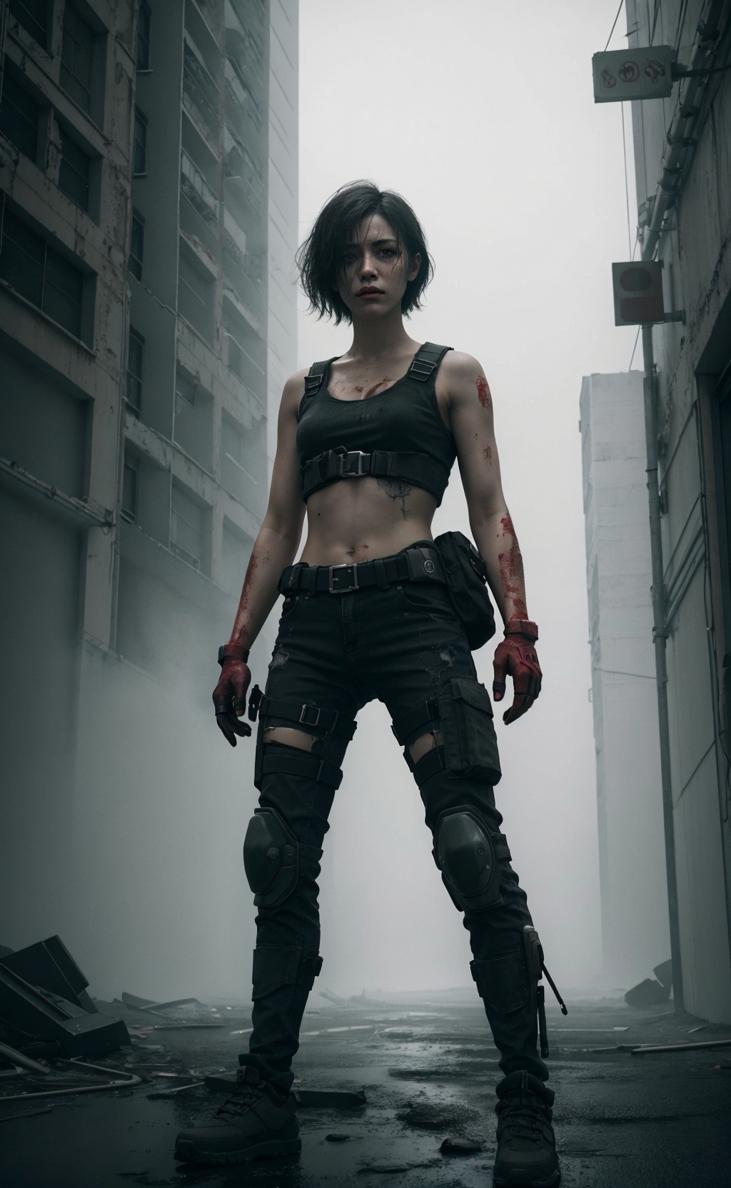 1girl, Gritty neon, synthetic textures, modded limbs, worn materials, atmospheric fog, rebellious stances, urban decay, layered storytelling, sci-fi tech, dystopian settings