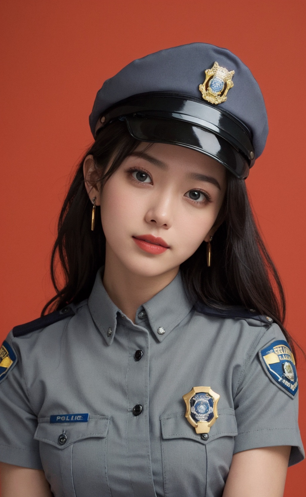 simple background,(Wearing a female police uniform and a police cap:1.4), good hand,4k, high-res, masterpiece, best quality, head:1.3,((Hasselblad photography)), finely detailed skin, sharp focus, (cinematic lighting), soft lighting, dynamic angle, [:(detailed face:1.2):0.2],midriff peek, medium breasts, breasts,(((inside mansion))),1girl, jewelry,earrings, orange_sky, solo, long_hair, upper body, grey eyes, looking at viewer,black hair,Fashion,(head tilt:1.4), red background, lips, slightly smile