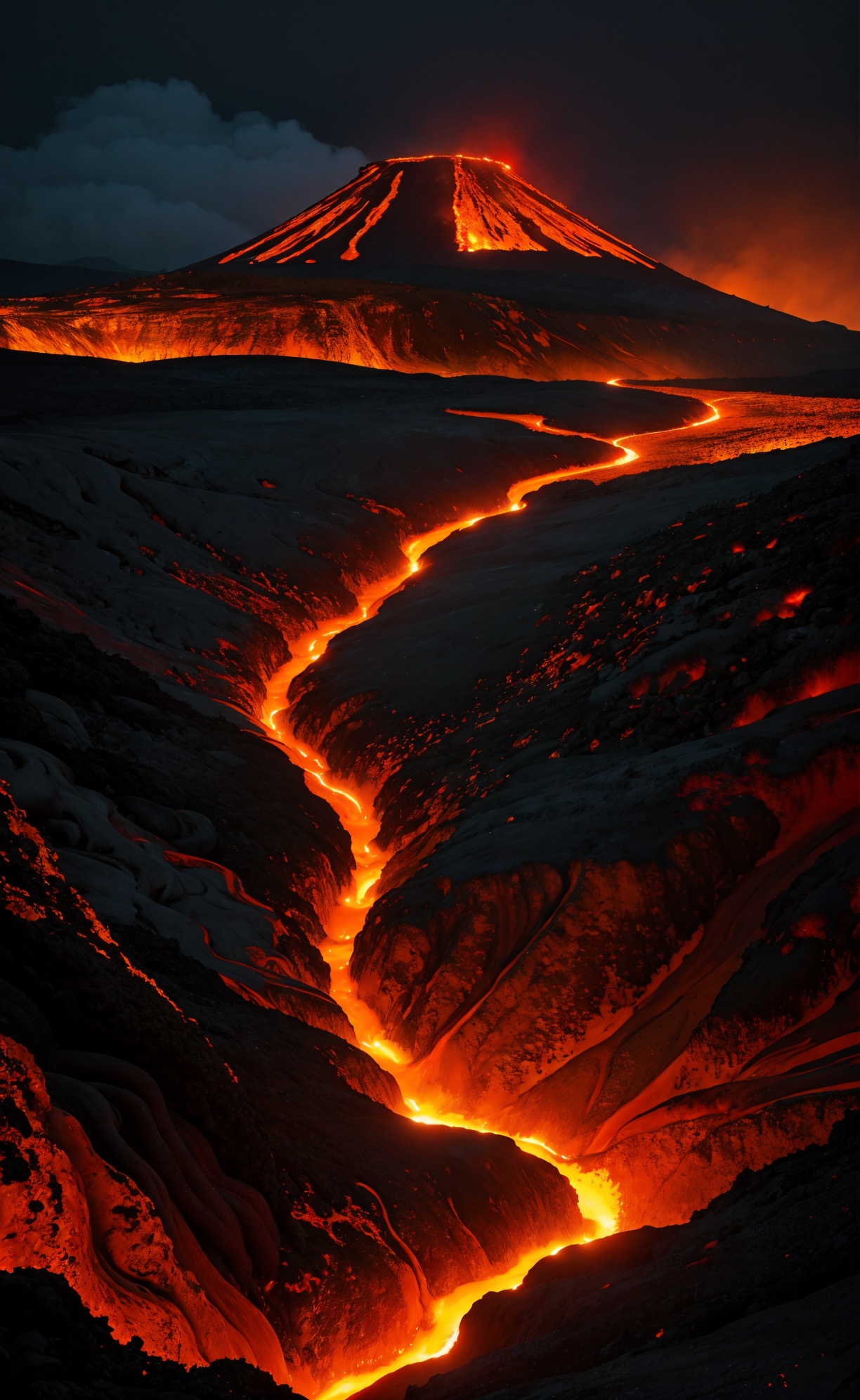 Spectacular, volcanic landscape, billowing smoke, fiery lava, molten rivers, glowing night, 9:16 vertical capture, apocalyptic scenery, award-winning image, Sony A7R IV, high dynamic range, dramatic contrast, dangerous beauty, inhospitable terrain, no life, otherworldly ambiance.