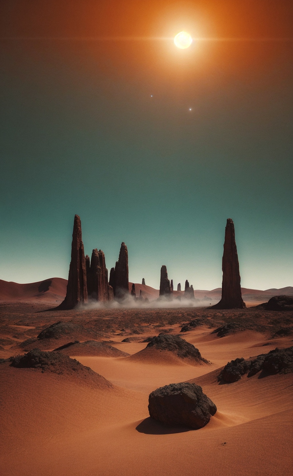 Alien desert, surreal landscape, bizarre rock formations, vivid sky, extraterrestrial plants, vivid hues, space exploration, 9:16 composition, Martian sunset, undulating dunes, peculiar shadows, towering spires, glowing crystals, swirling dust devils, unearthly beauty, remote horizon, stark contrasts, eerie tranquility
