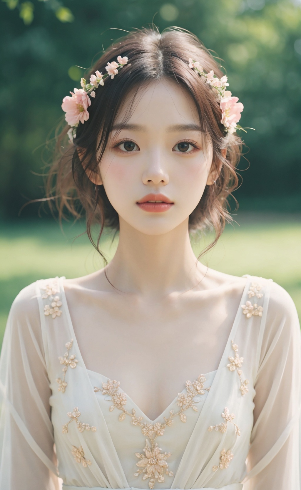 1girl, Floral motifs, luminous skin, enchanting gaze, embellished attire, natural lighting, shallow depth of field, romantic setting, dreamy pastel palette, whimsical details, captured on film