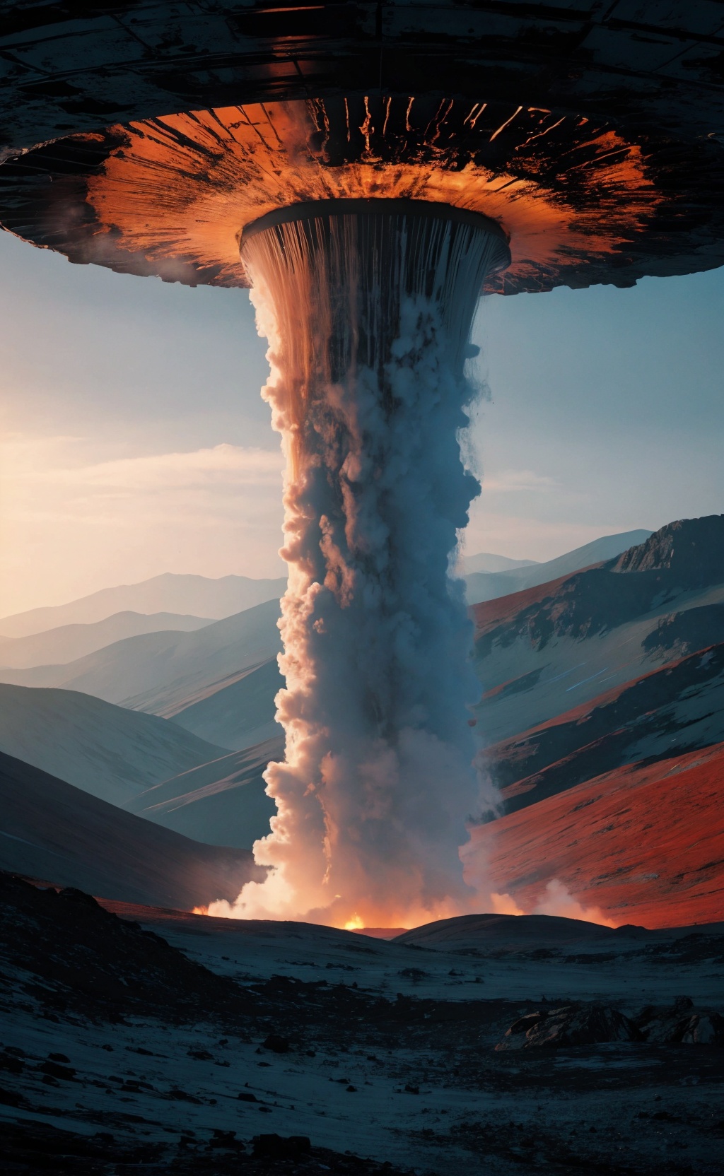 otherworldly-scene, titanic-geysers, hair-raising-atmosphere, alien-weather-systems, 9:16-vertical-frame, hypnotic-landscapes, ultra-realistic-surfaces, contrasting-lights, trending-artstation, honored-creation, Panasonic-Lumix-S1R, 8k-resolution, peaceful, no-humans, extraterrestrial-geysers, towering-plumes, metallic-terrain, shimmering-colors, iridescent-clouds