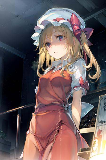 masterpiece, best quality,  <lora:flandre:1>,1girl,mob cap, blonde hair, hair bow,side ponytail, 