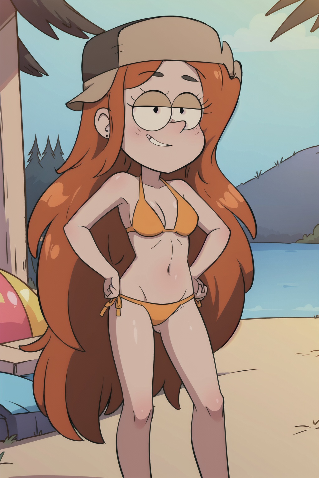 cartoon, in the style of gravity falls, wendy, 1girl, solo, long hair, orange hair, bikini, seduce,(masterpiece:1.2), (best quality)