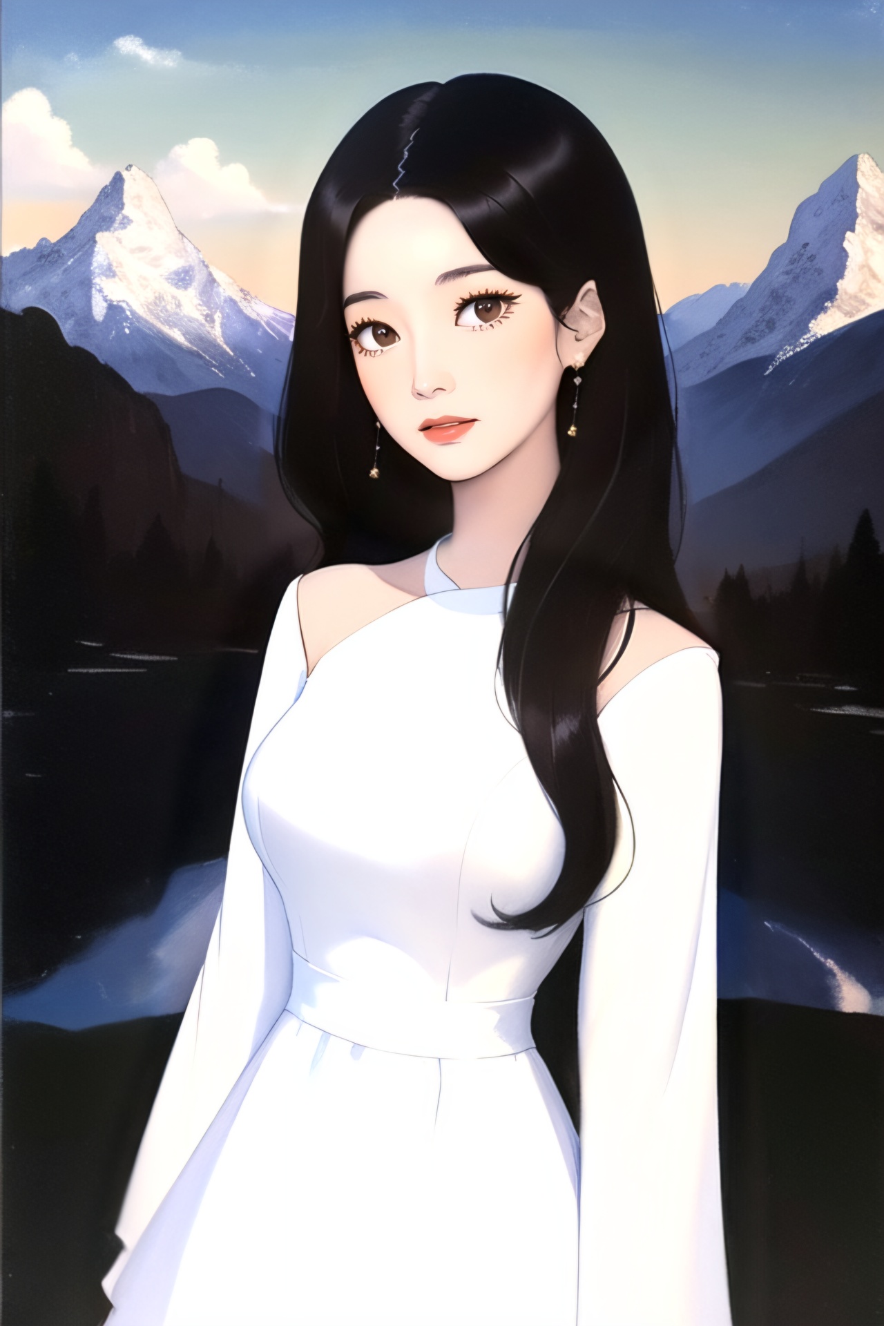 centered,  a painting of a korean woman with medium wavy (black hair,  with dark brown eyes) on Tensor.Art